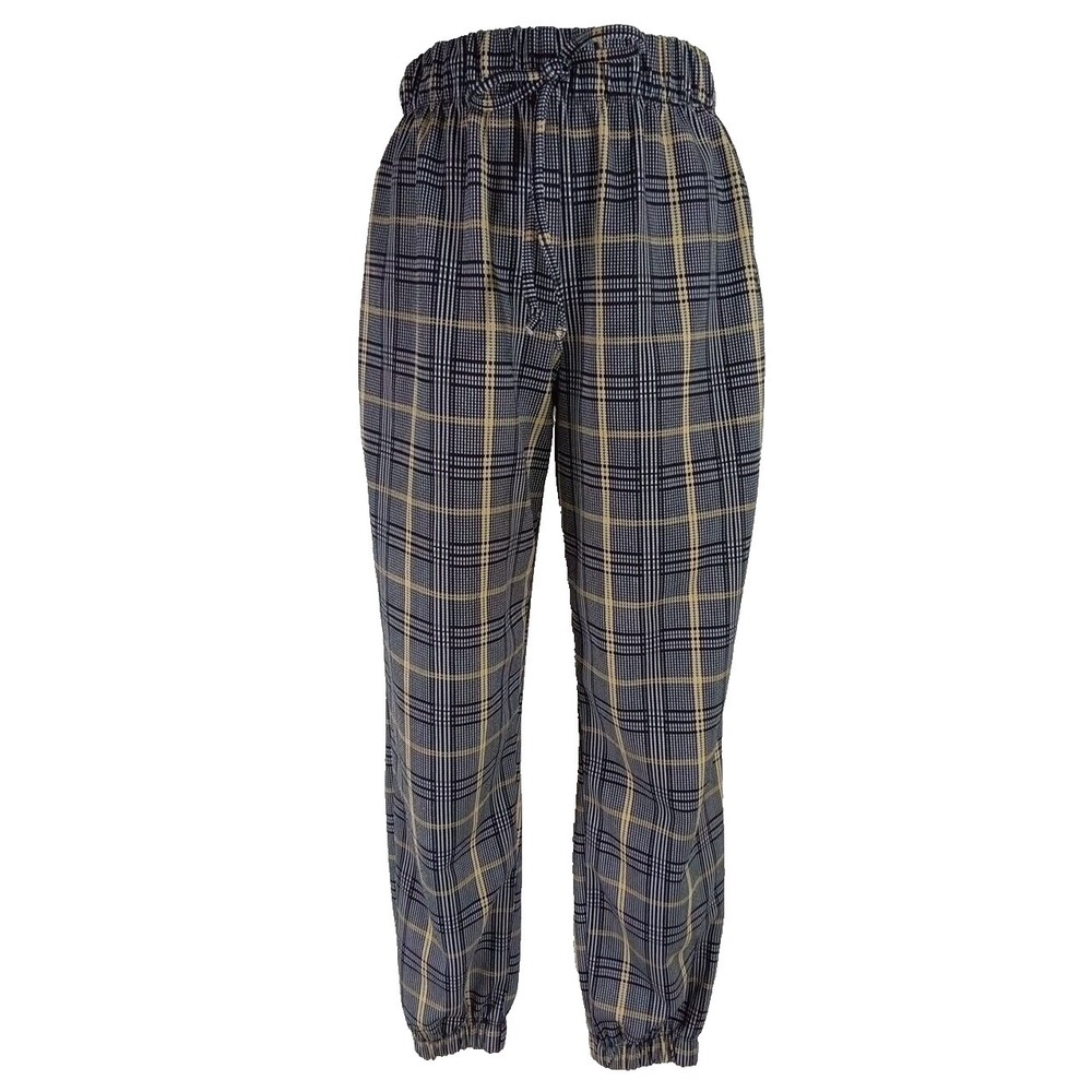 MESSINI Pants SMALL Black Gold White Plaid Elastic Waist Jogger Ankle Stretch